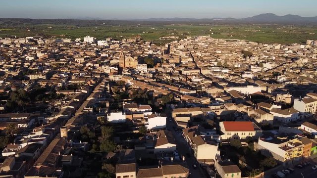Aerial view of the village of Campos at sunset on a sunny day. Island of Mallorca, Spain