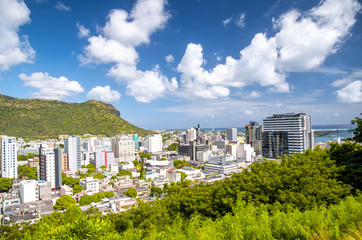 Buildings of Port Louis in Mauritius. Aerial view on a sunny day