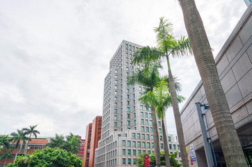 Obraz premium TAIPEI, TAIWAN - July 2, 2019: Street view of Modern architecture in Taipei, Taiwan