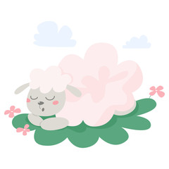 Cute sleeping sheep. Domestic animal with white fur.