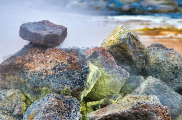 Hverir Boiling mudpots geothermal area and cracked ground around. Myvatn region, Northern part of Iceland, Europe