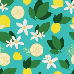 Seamless Pattern with lemons attached to its leaves and blooming flowers