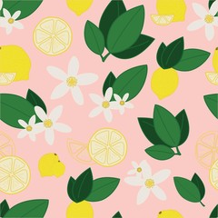 Seamless Pattern with lemons attached to its leaves and blooming flowers