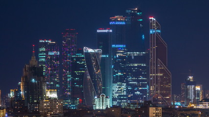 Stalin skyskrapers night timelapse, Moscow International Business Center and panoramic view of Moscow