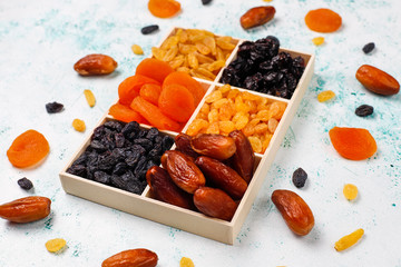 Various dried fruits,dates,plums,raisins,figs,top view