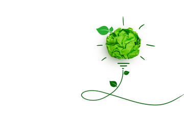 Corporate Social Responsibility (CSR) concept, Green crumpled paper light bulb on white background.