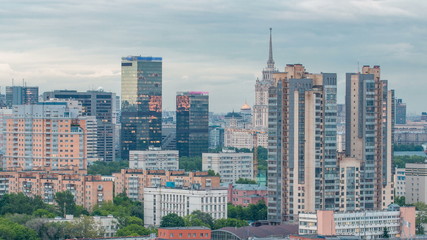 Fototapeta na wymiar Aerial view to cityscape skyline with World Trade Center towers and hotel Ukraine timelapse in Moscow, Russia.