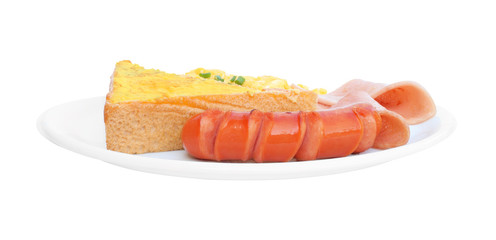 Side of breakfast scrambled egg sausage toast bread dish.