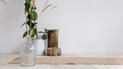 Wicker rug is lying on wooden floor next to pots with plants and hanging on the wall with wicker macrame on a white background. Concept is a cozy place in the house for classes. Advertising space