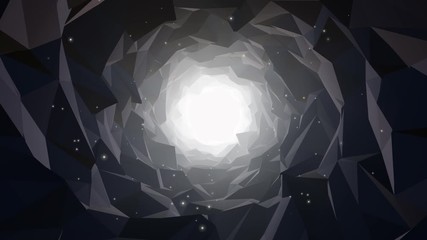 Zoom Through Low Poly Cave Tunnel With Glowing Light and Dust Particles Abstract Background. 3D Rendered Intro Footage. Animation of seamless loop.