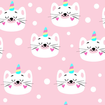 Beautiful illustration with head of a white cat unicorn  on a pink background seamless pattern