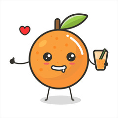 Orange Fruit thumbs up with orange juice in hand Mascot Character Cute Outline Flat Design Vector Illustration