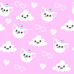 Cat unicorn and clouds on a pink background seamless pattern for children
