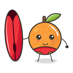 Orange fruit holding a red surfboard and using pants Mascot Character Cute Outline Flat Design Vector Illustration
