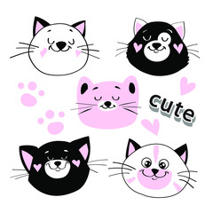 Cute head of white, black and pink cats in kawaii style on a white background for children