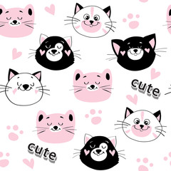Cute head of white, black and pink cats in kawaii style on a white background seamless pattern for children
