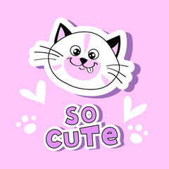 Fashion patch badges with funny head cat and inscription so cute on a pink background