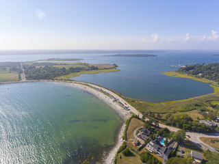 Mackeral Cove Beach and Dutch Island Harbor at  Narragansett Bay aerial view in summer, Jamestown, Rhode Island RI, USA.