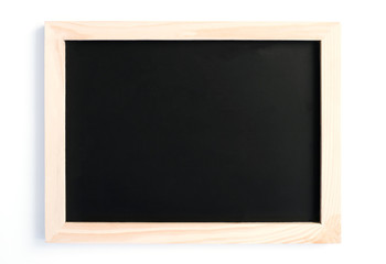 Close up blank black board with vintage wooden frame isolated on white background, Back to school and education concept, work space and copy space