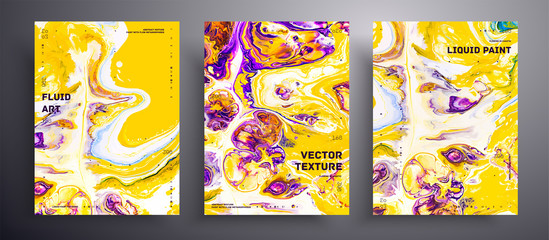 Abstract liquid placard, fluid art vector texture set. Artistic background that can be used for design cover, invitation, flyer and etc. Yellow, purple and white creative iridescent artwork