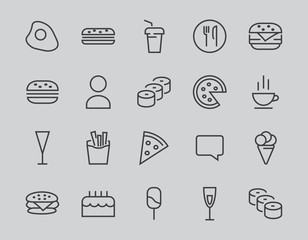 A simple set of fast food icons related to the vector line. Contains icons such as pizza, burger, sushi, bike, scrambled eggs and more. EDITABLE stroke. 480x480 pixels perfect, EPS 10