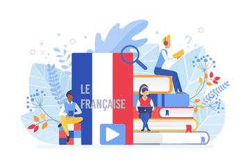 Online language courses flat vector illustration. Distance education, remote school, France university lessons. French language Internet class, e learning isolated clipart on white background