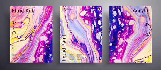 Abstract vector banner, texture set of fluid art covers. Trendy background that applicable for design cover, poster, brochure and etc. Yellow, purple, blue, pink and white creative iridescent artwork