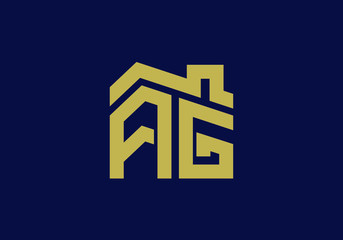 A stylized gold monogram featuring the letters AG in a modern, architectural design against a deep navy blue background.