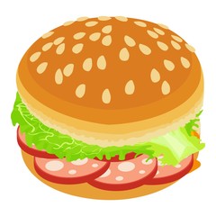 Delicious burger icon. Isometric illustration of delicious burger vector icon for web
