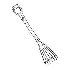 Rake for leaves icon. Vector illustration of a garden rake. Hand drawn rake for leaves.