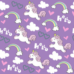 Obraz premium Cute flying unicorn, cloud, rainbow and the inscription hello on a purple background seamless pattern for children. Vector illustration funny animals for birthday