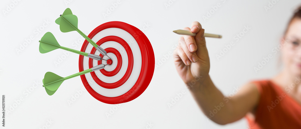 Poster arrow hitting in the target center of dartboard on bullseye.