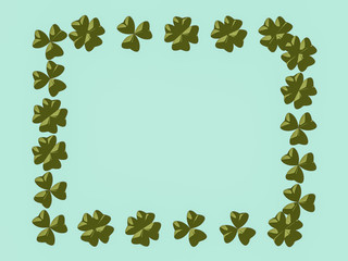 Rectangular frame of three and four leaf clover leaves on a light background. 3D Illustration