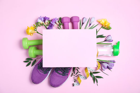Spring flowers, sports items and blank card with space for text on pink background, flat lay