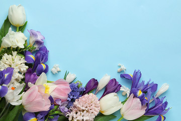 Flat lay composition with spring flowers on light blue background. Space for text