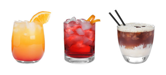 Set of different tasty cocktails on white background