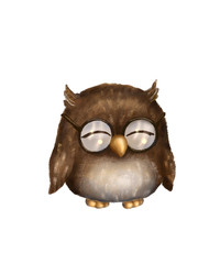 Cute baby owl in round glasses isolated on white background.