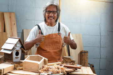 Smiling and happy Asian senior professional carpenter in an apron looking at camera and thumb up,...
