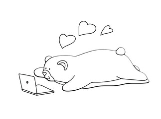 Cute bear with heart line pattern for coloring book vector illustration