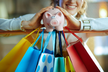 Closeup on female near shopping bags showing piggy bank