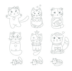 Cute set funy cats line pattern for coloring book vector illustration