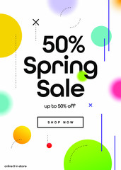 50% OFF Spring Season Sale Online Shopping Newsletter Ad Promo Campaign. Coupon, Voucher, Banner Design Concept. Minimal banner with Shop Now Button.