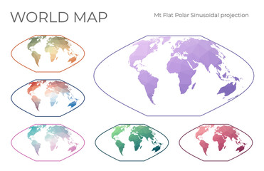 Low Poly World Map Set. McBryde-Thomas flat-polar sinusoidal equal-area projection. Collection of the world maps in geometric style. Vector illustration.