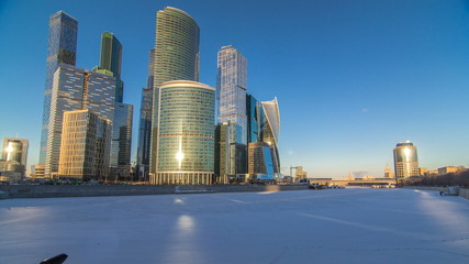 Moscow City in winter at sunset timelapse.