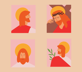 Cute vector illustration of Jesus Christ avatars and icons. Bible religious Christian picture for Easter egg decorations and church design.