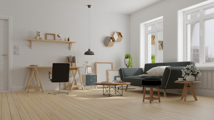 Interior poster mock up living room with colorful white sofa. 3D rendering.