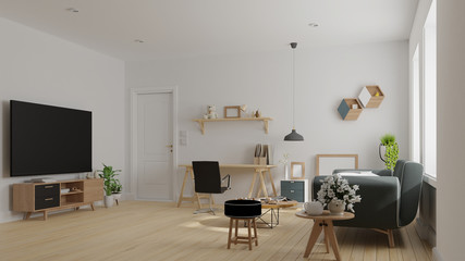 Interior poster mock up living room with colorful white sofa. 3D rendering.
