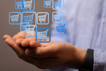 Online shopping business concept selecting shopping cart.