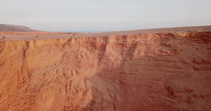 pack of dogs running slowly on top of a cliff in desert like location during a sunset. Mui Ne, Vietanm red sand dune