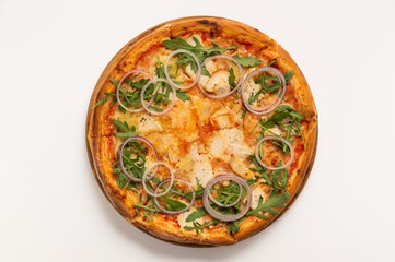 Pizza with chicken and onion rings isolated on white background. Top view.